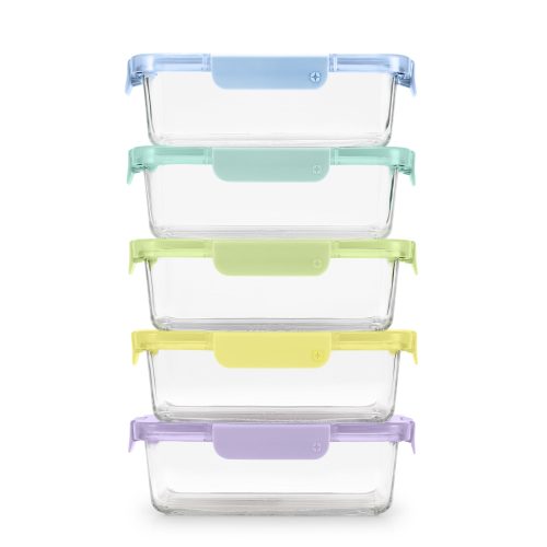 Color Lock? Glass Food Storage. 5 Cup Set of 5